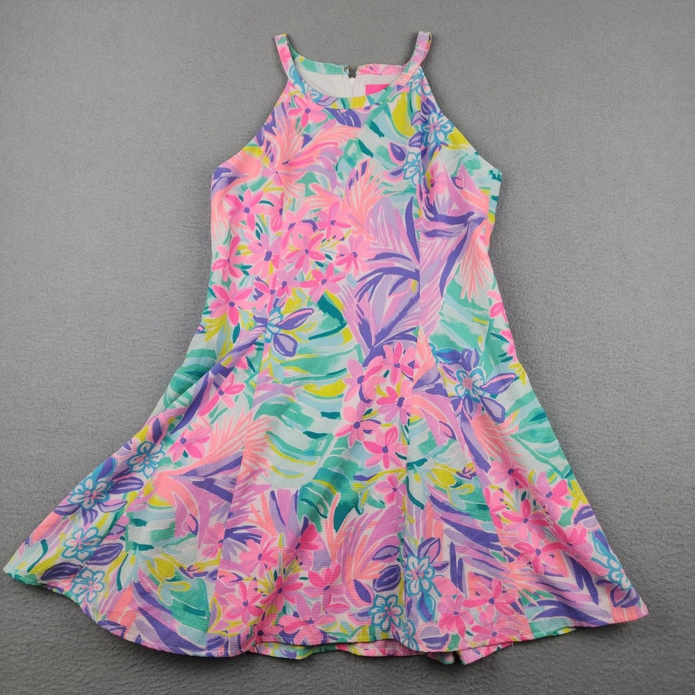 Lilly Pulitzer Dress Girls 10 Multicolor Floral Knit High Neck Swing Summer Fun